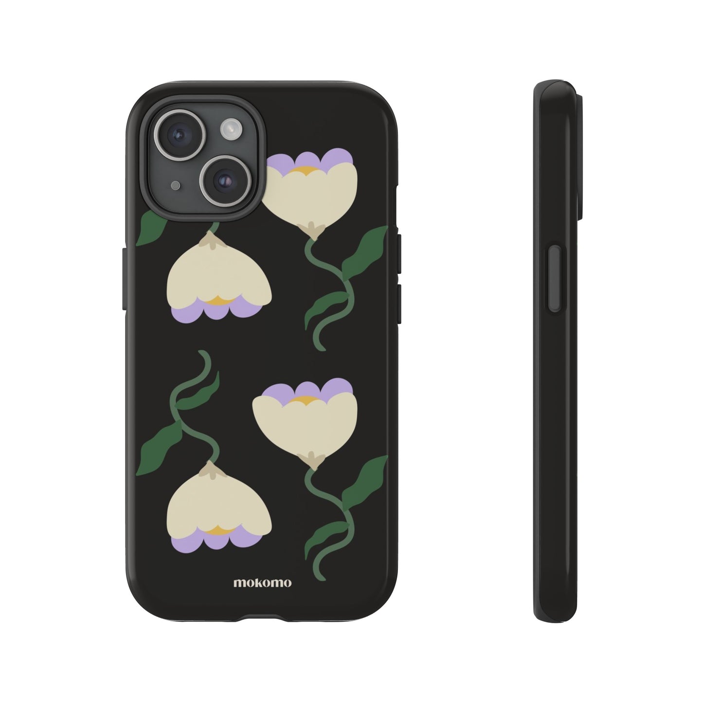 White and purple flowers with black background on an iPhone case
